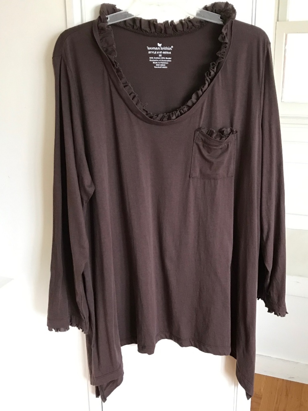 WOMAN WITHIN Long Sleeve Ruffle Trim Tunic Brown Women’s Plus Size 3X